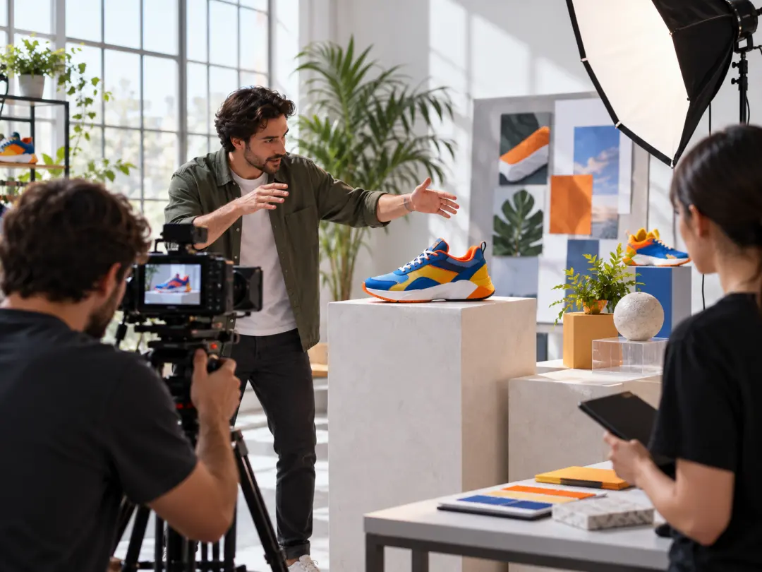 Marketer setting product focus, visual style, logo reference, and closing frame