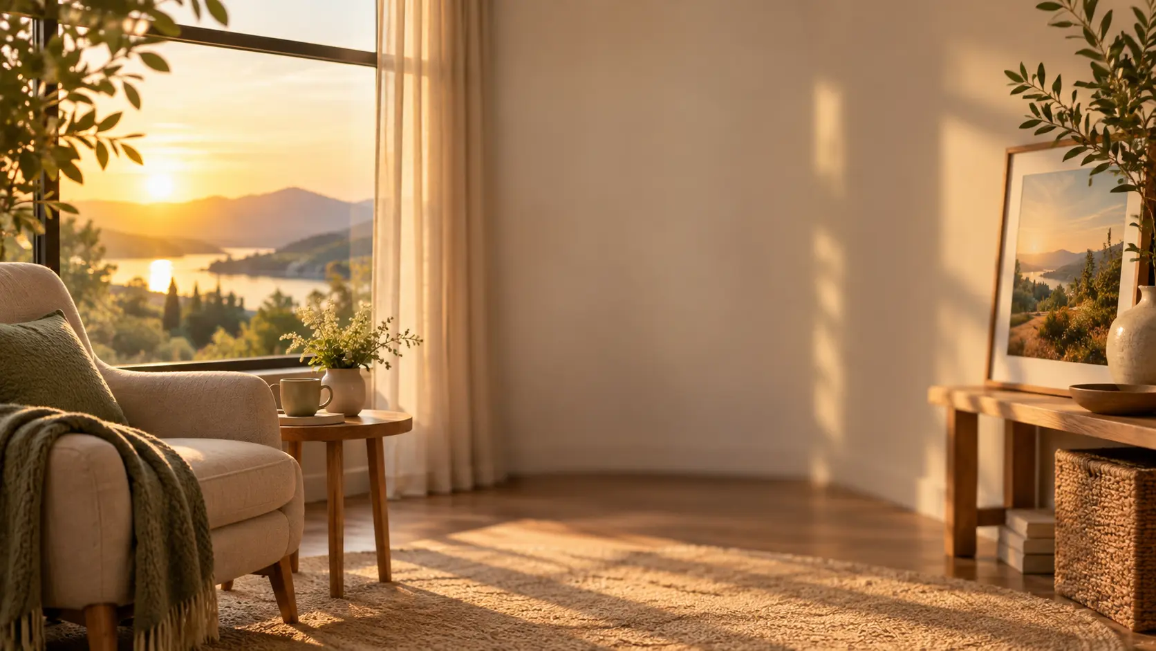 Balanced golden-hour interior with open space for an image brightener prompt