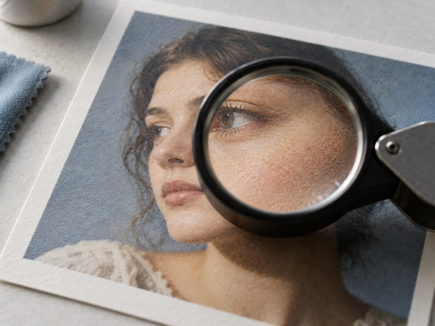 Loupe reviewing color, noise, and texture on a brightened photograph print