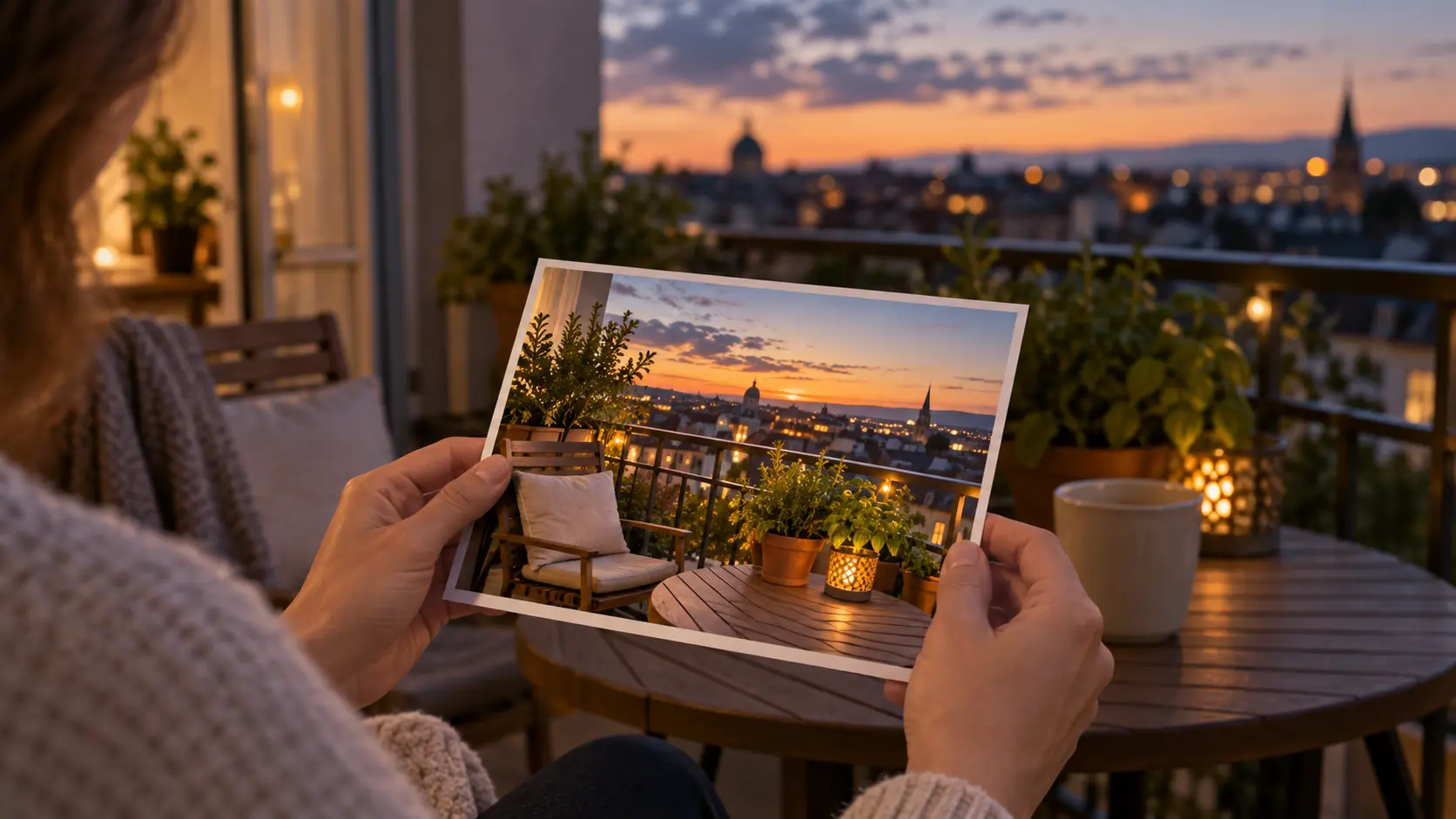 Person reviewing a brighter evening photo print on a balcony table