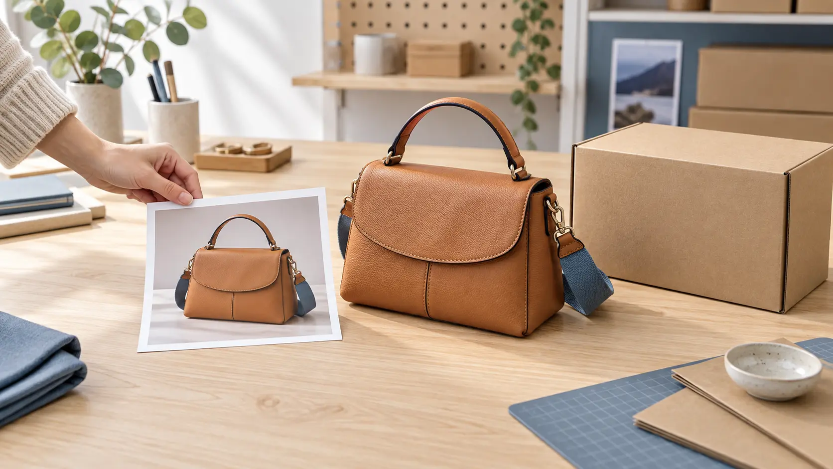 Seller arranging a balanced product photo print and matching product on a workbench