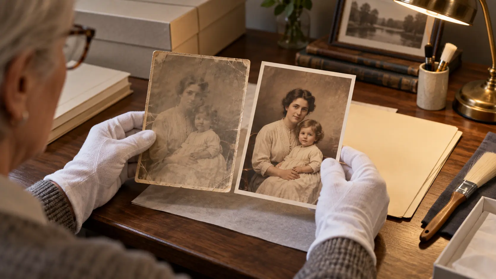 Archivist comparing a faded photo print with a brighter readable copy under soft light