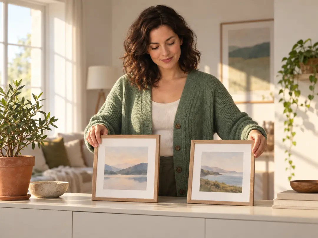 Adult arranging family photo prints in a sunlit room before brightening one image