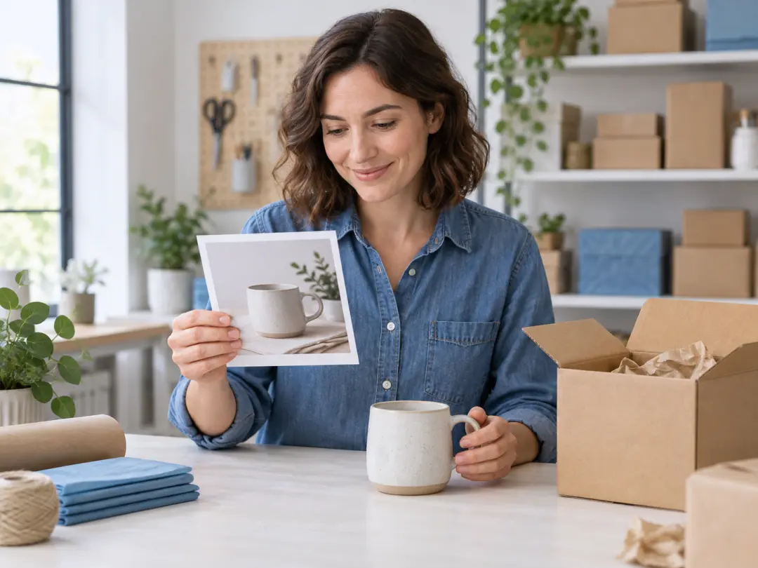 Marketplace seller checking a product photo print beside a packaged item on a clean table