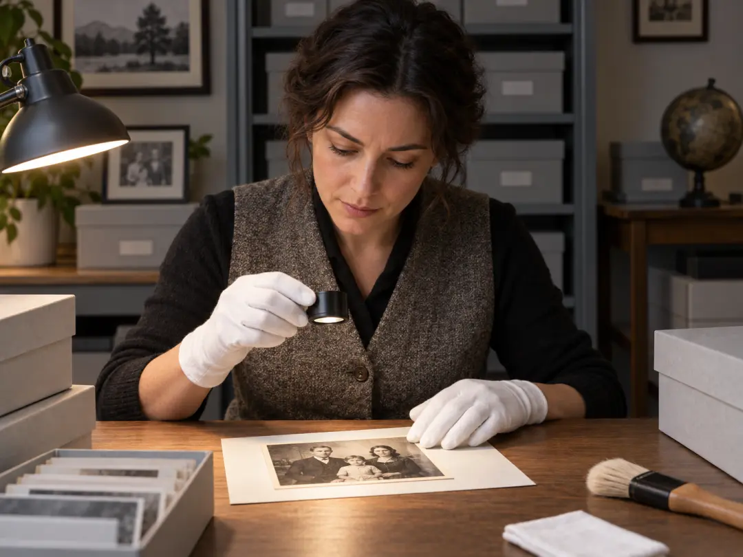 Editor examining an old photograph with a loupe and archive materials