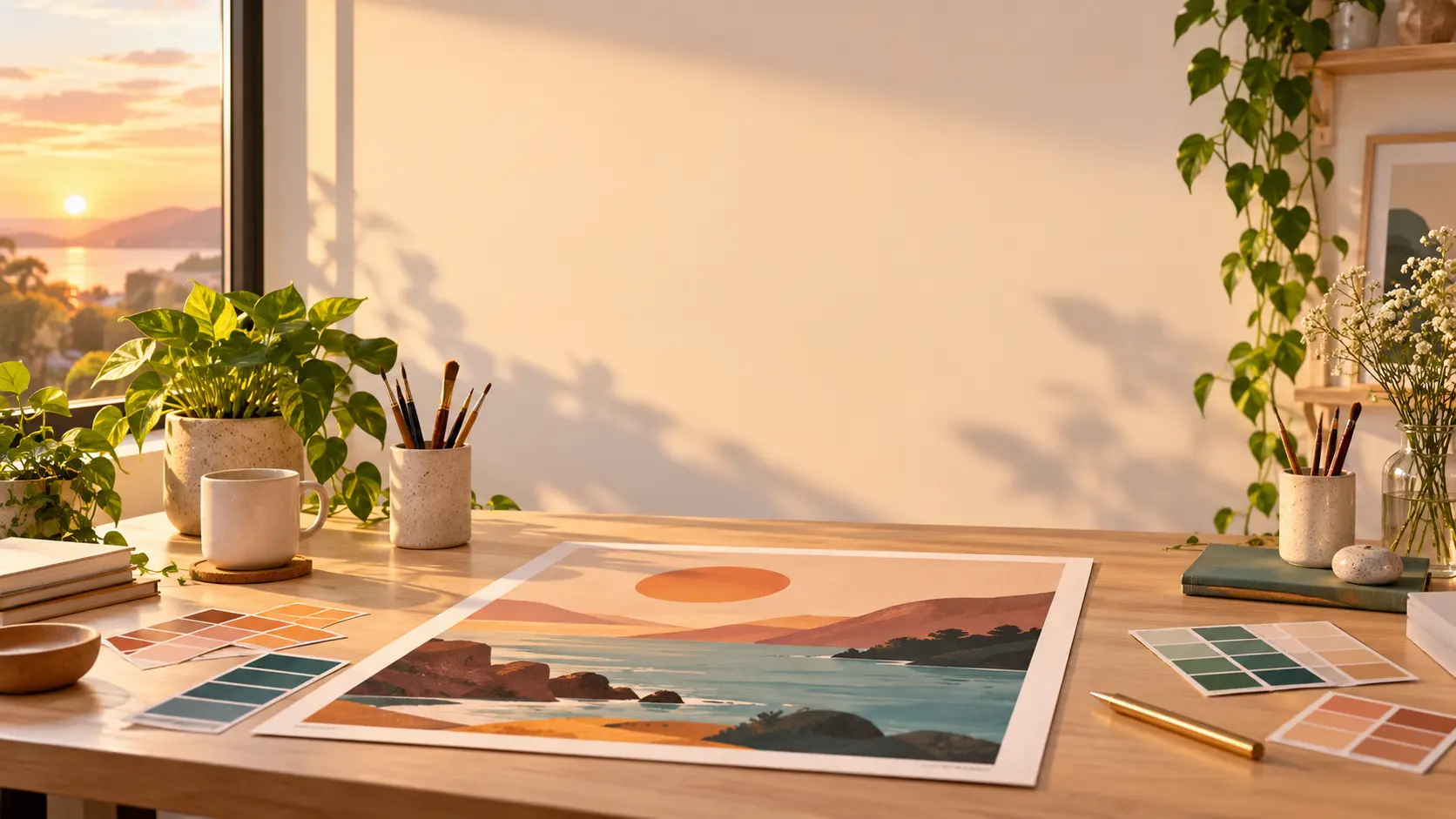 Clean design workspace with a finished poster and color swatches at golden hour