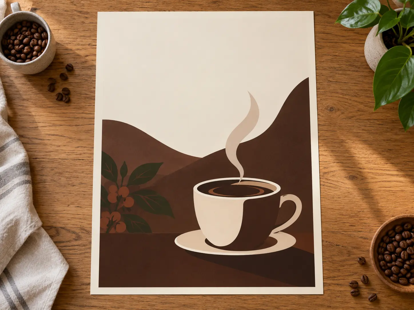 AI image design tool output showing a finished brand poster with a warm coffee palette and a clean layout
