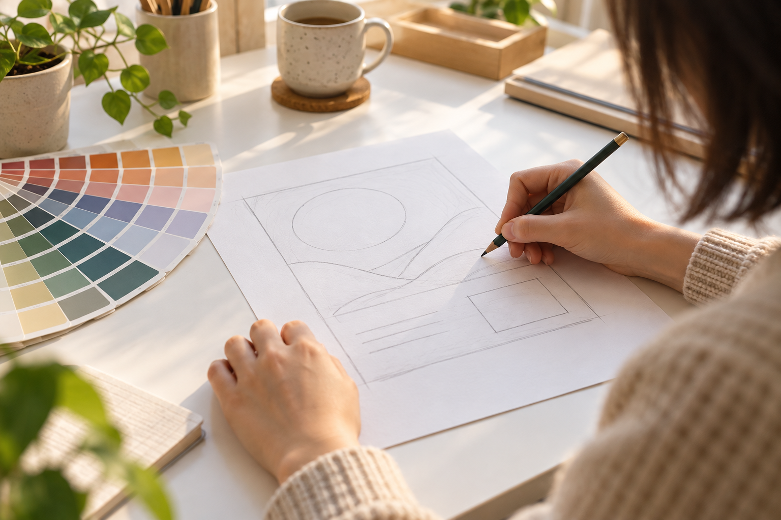 Designer writing an image design brief with a layout sketch and color swatches