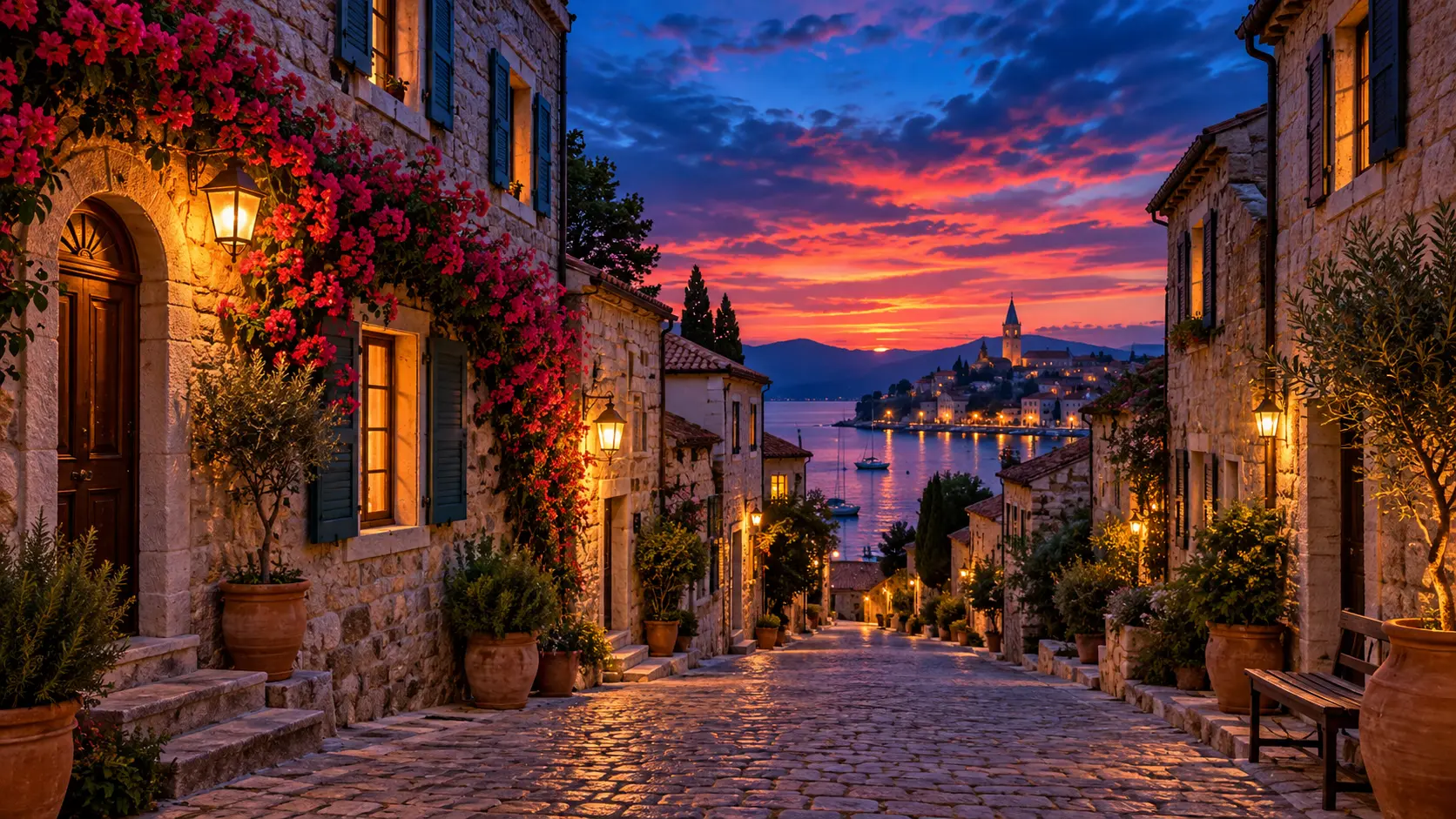 Quiet street scene shifted into a vivid cobalt and coral evening mood