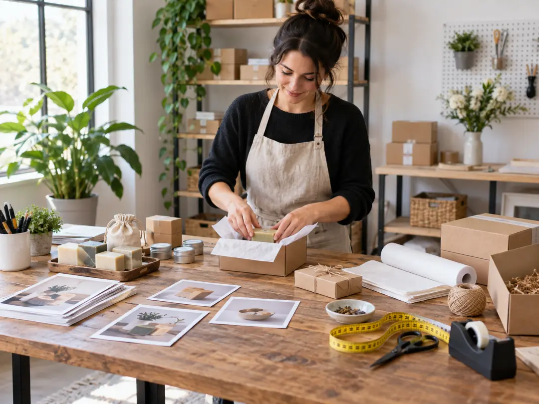 Online seller arranging small products and printed listing photos in a packing studio