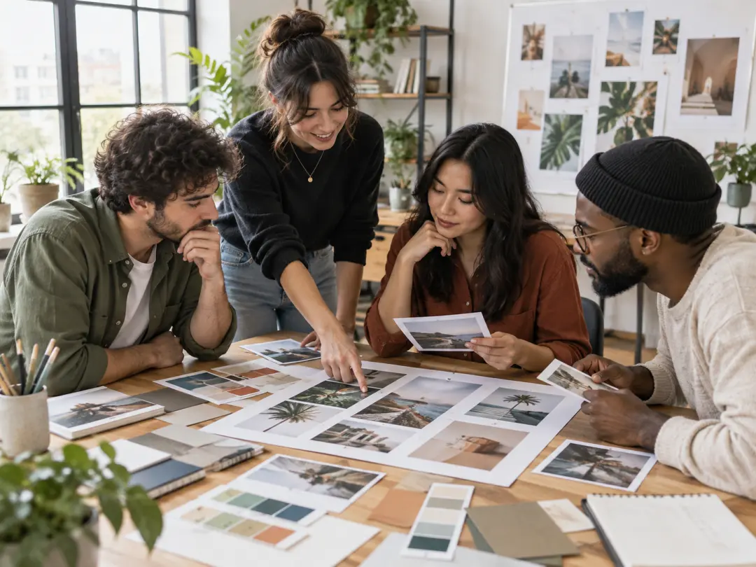 Social media team comparing printed image crops and color directions on a creative table
