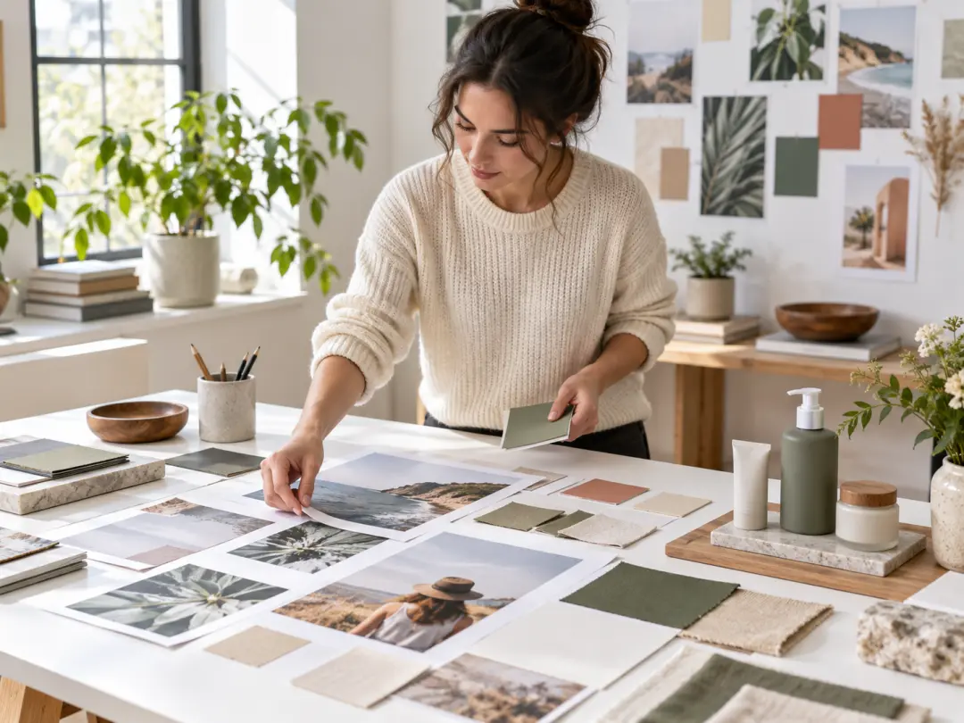 Marketing designer arranging campaign prints and material samples on a bright studio table