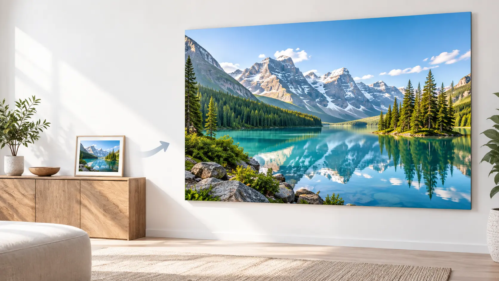 Image resolution enhancer workspace with a small print, a larger working copy, and color references