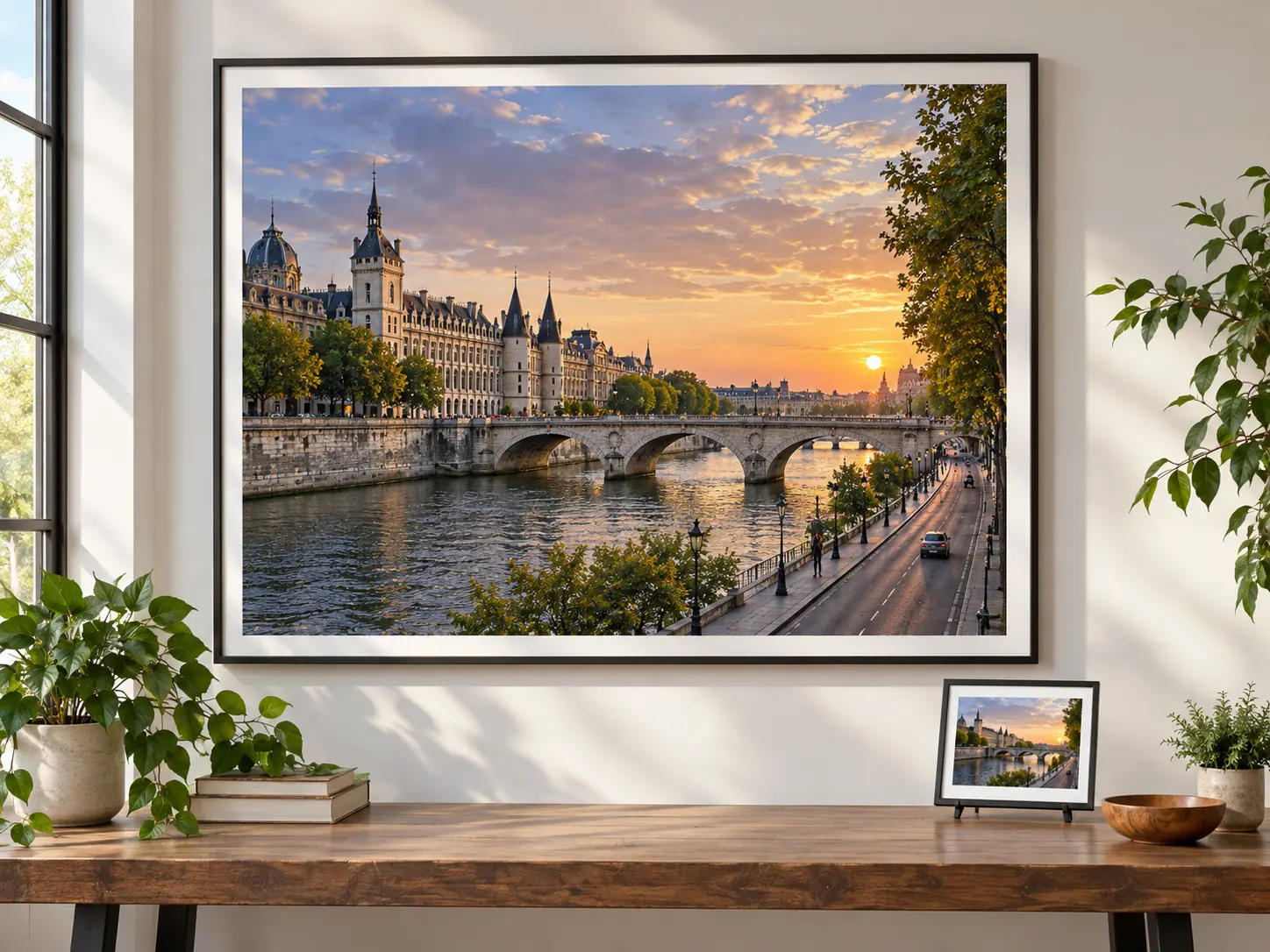 Large detailed cityscape print displayed beside the small source photograph