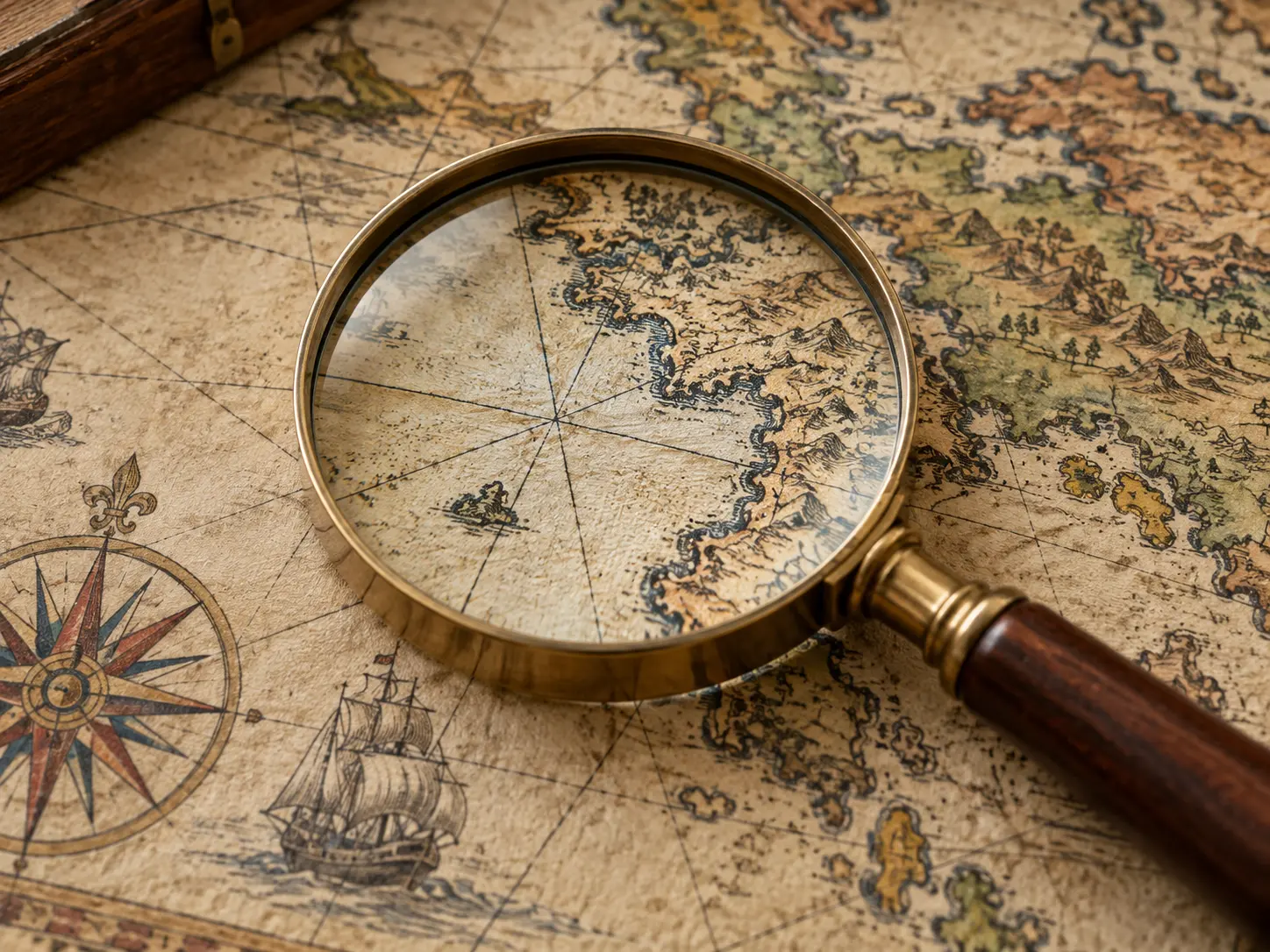 Close view of an old map print where paper texture and fine line work remain natural