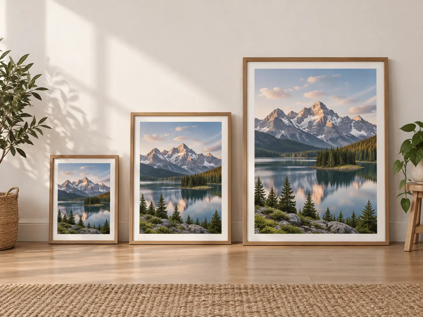 Three print sizes of one landscape photograph arranged from small to large