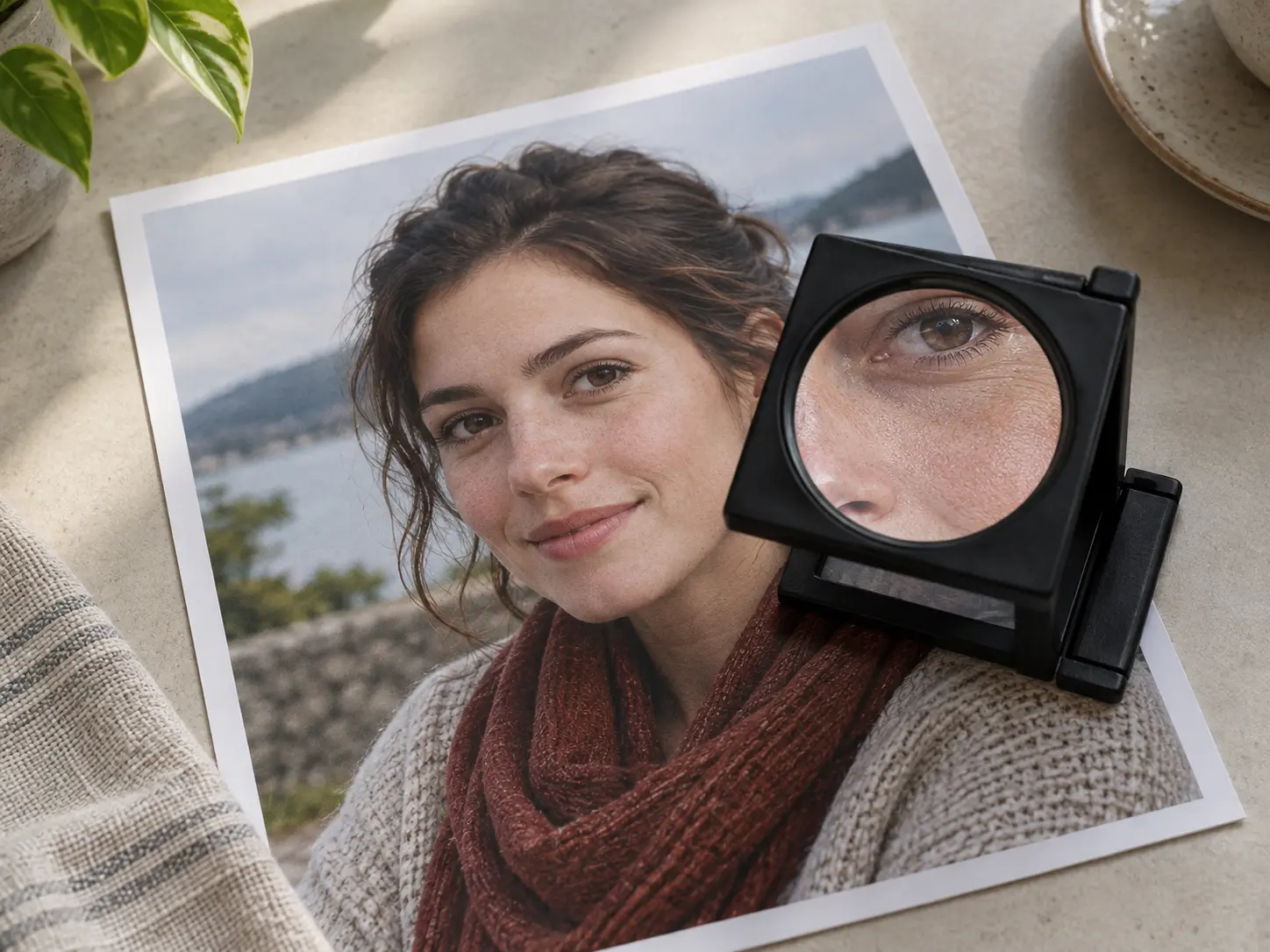 Portrait print under a loupe showing honest skin and fabric texture without artificial smoothing