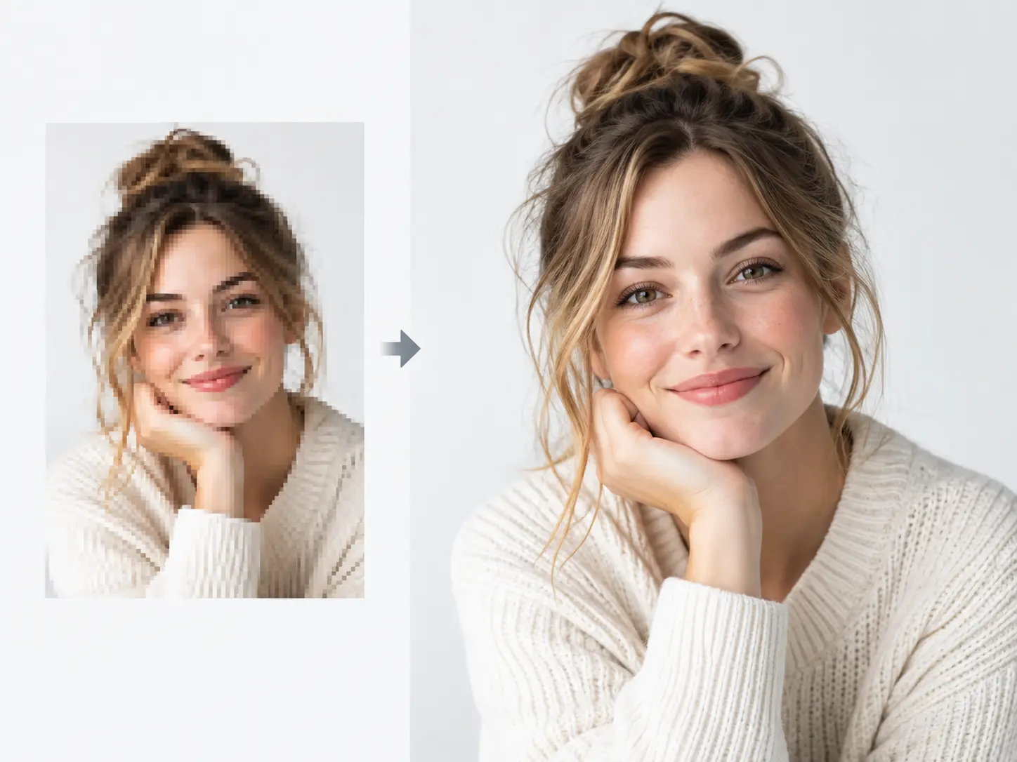 Image resolution enhancer creating a larger clear product photograph from a small source image