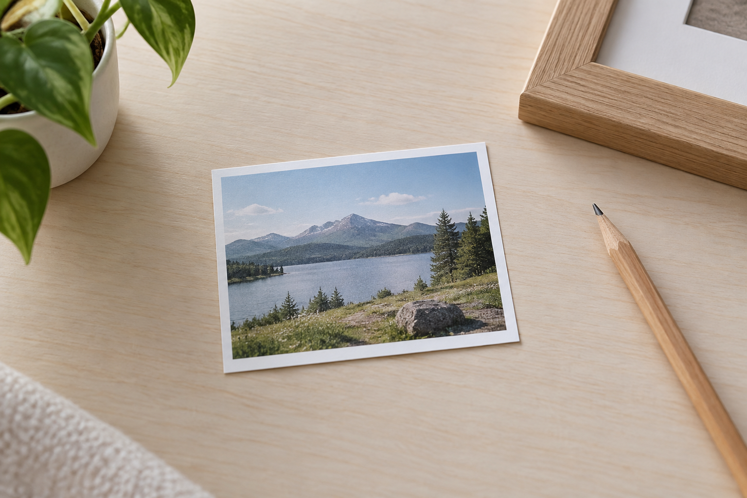 Small low-resolution landscape photograph resting on a clean desk