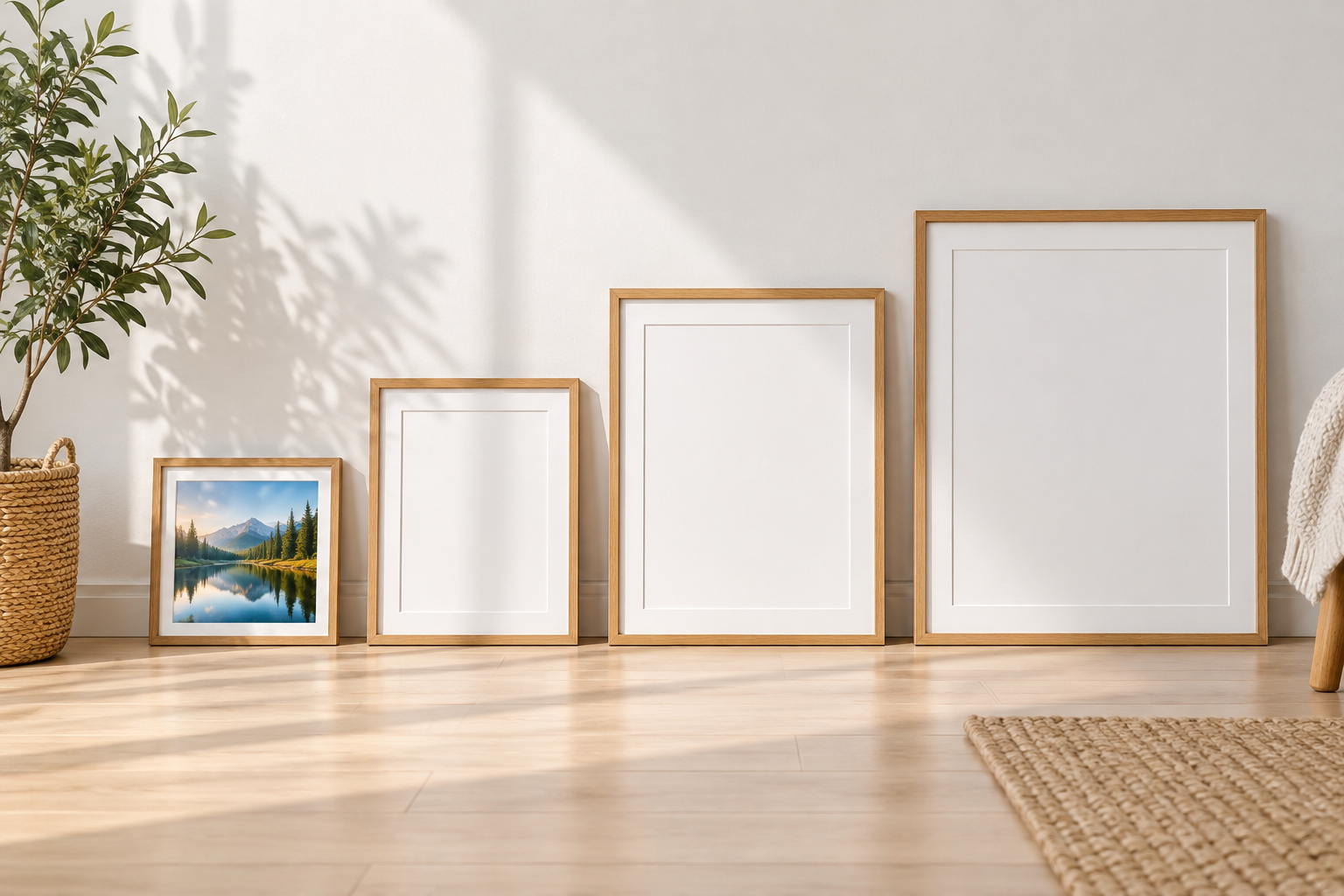 Three blank frames of increasing size arranged beside one small landscape print