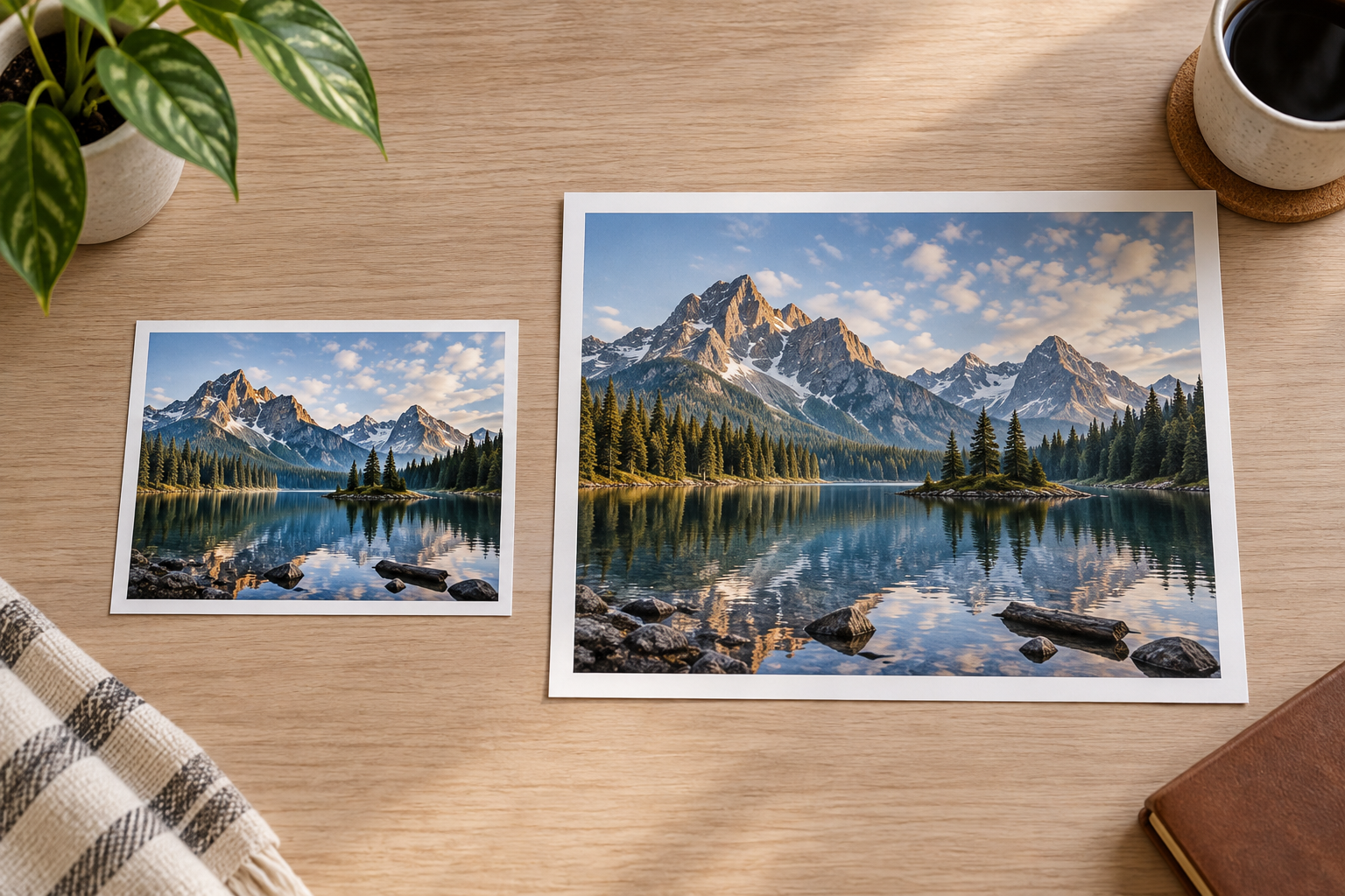 Small original landscape print beside its larger enhanced print on a neutral table