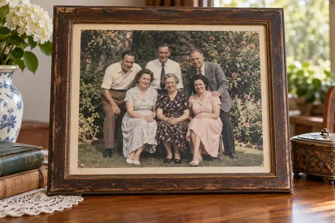 Large framed family archive photograph with natural age and readable facial detail