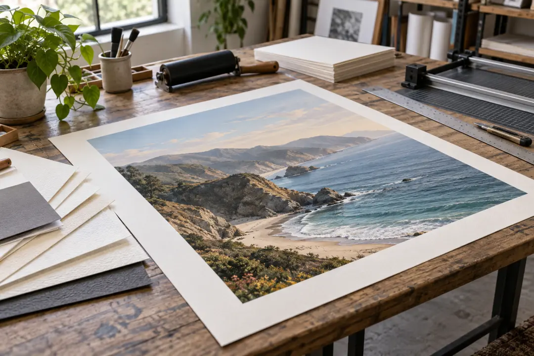 Enlarged art print on a press table with ink tools and paper proof