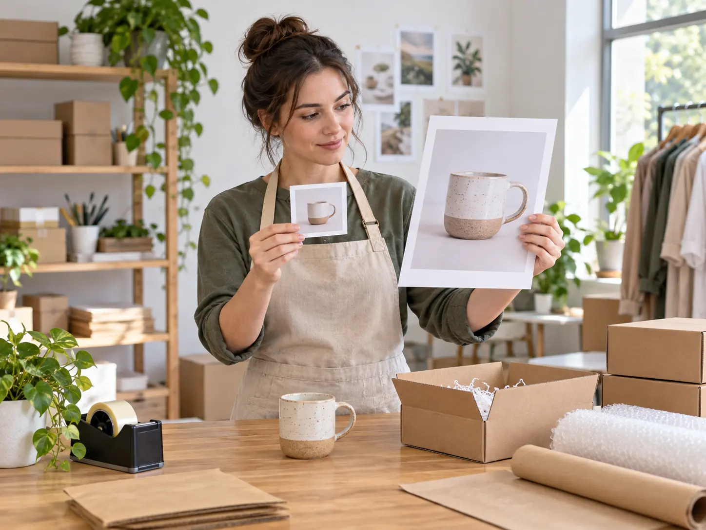 Marketplace seller comparing a small product photo with a large listing print in a packing studio