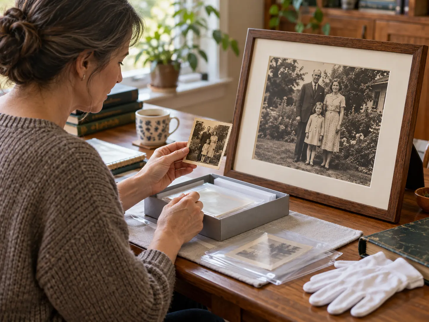 Family archivist comparing an old photograph with a large framed viewing print