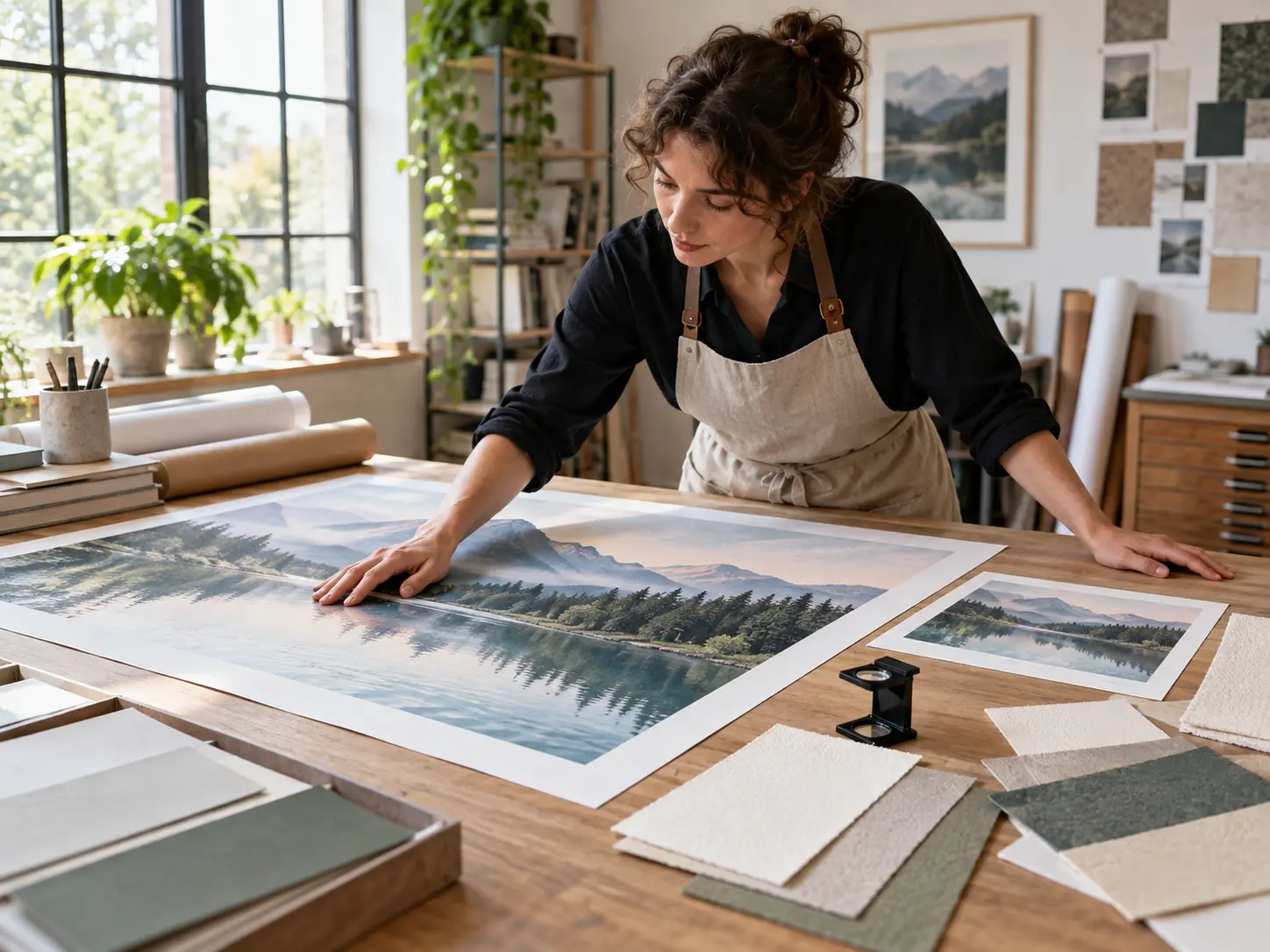 Print designer arranging a large proof with small source artwork and paper samples