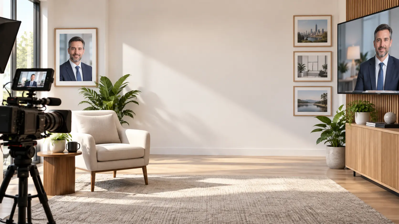 Law firm video production set with an attorney portrait, office references, and a finished video frame
