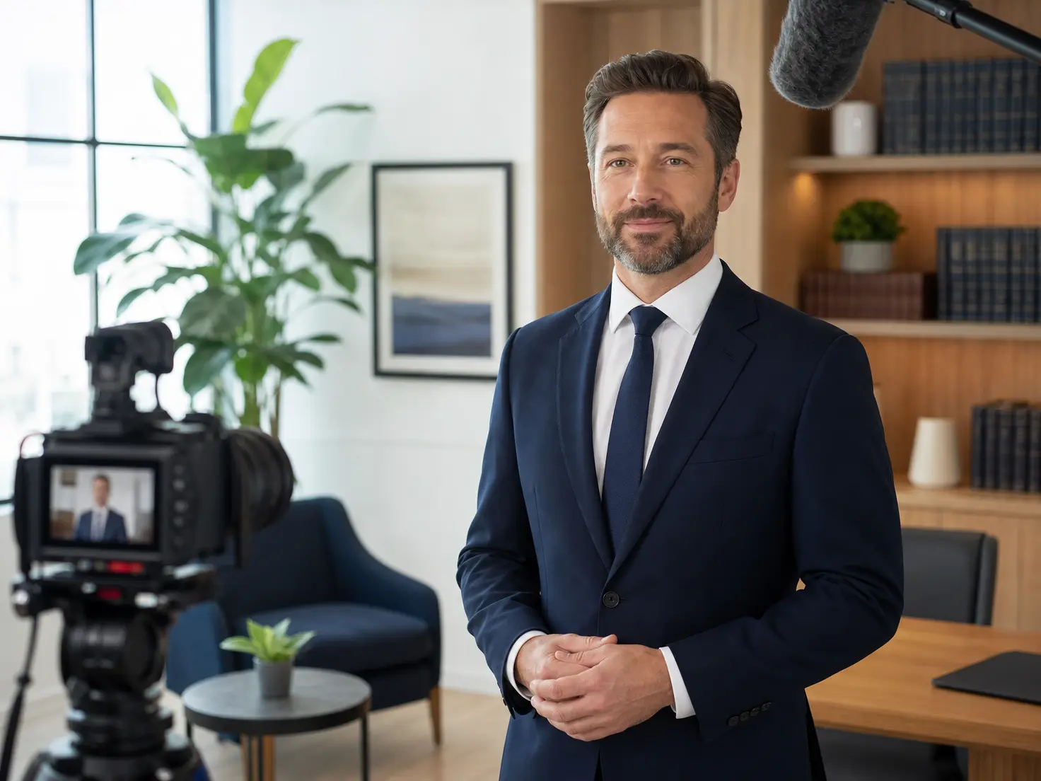 Attorney introduction draft with a portrait, firm logo, and voiceover