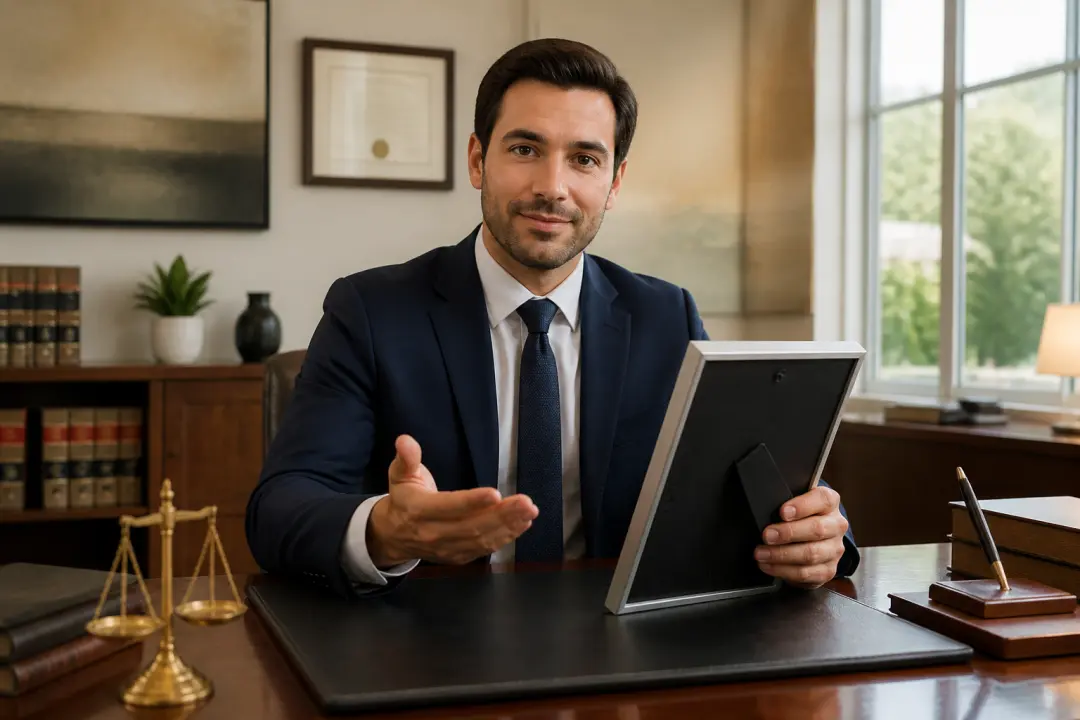 Attorney introduction video scene framed in a warm law firm office with an approved portrait reference