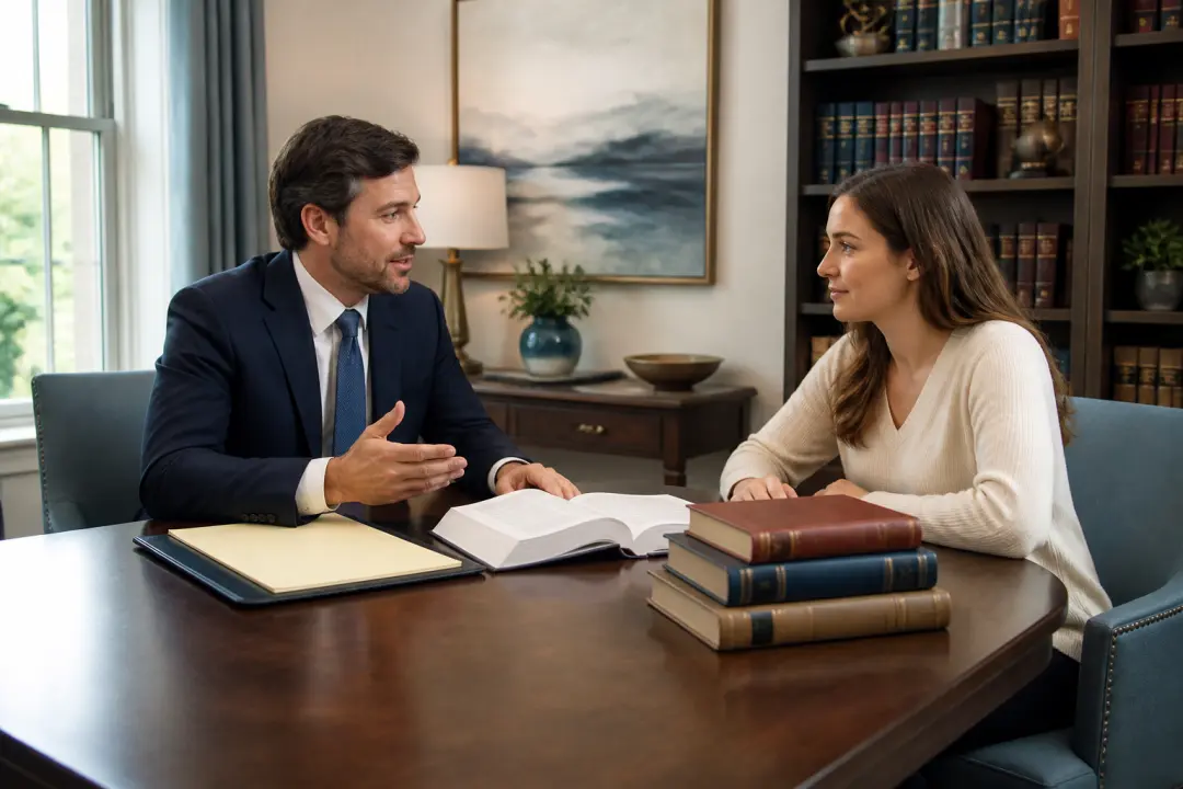 Law firm explainer video frame with an attorney guiding a client through organized legal reference materials