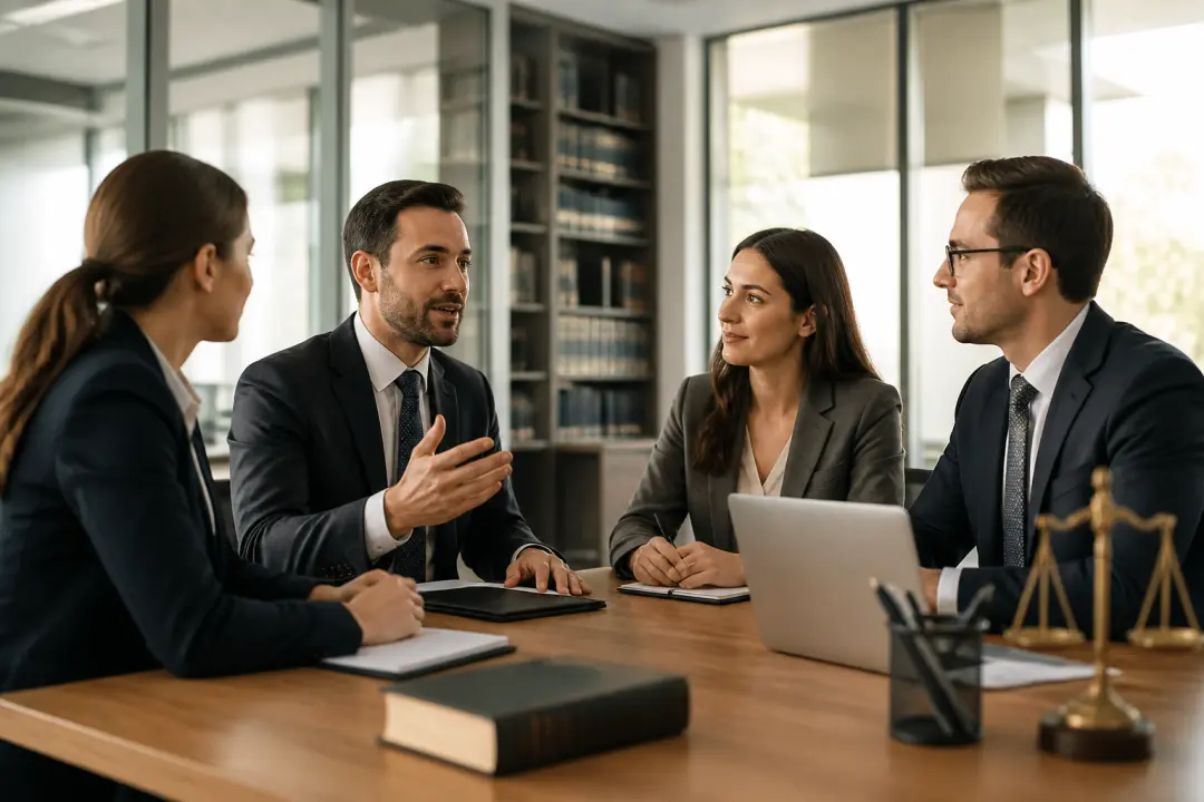 Law firm recruiting video scene showing an attorney team collaborating in a bright office workplace