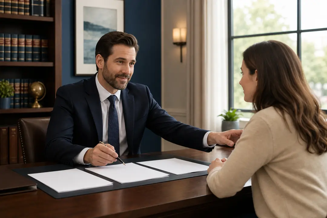 Attorney onboarding video scene showing the next step for a client in a calm law firm meeting