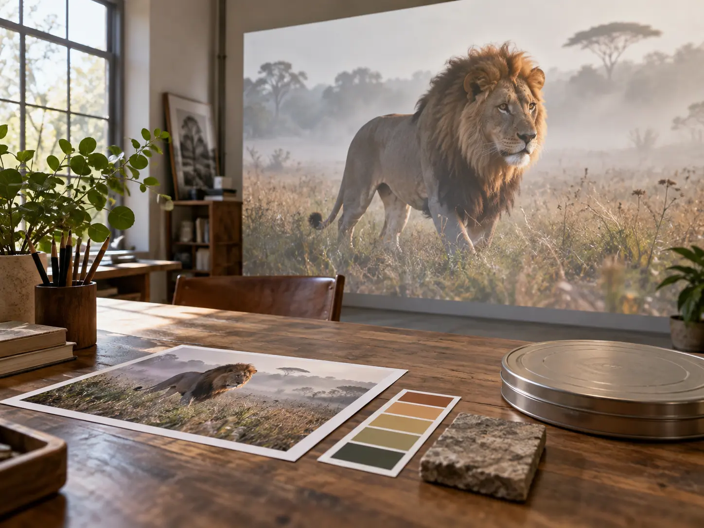 Reference images, video clips, audio, and Logo assigned to a lion intro prompt