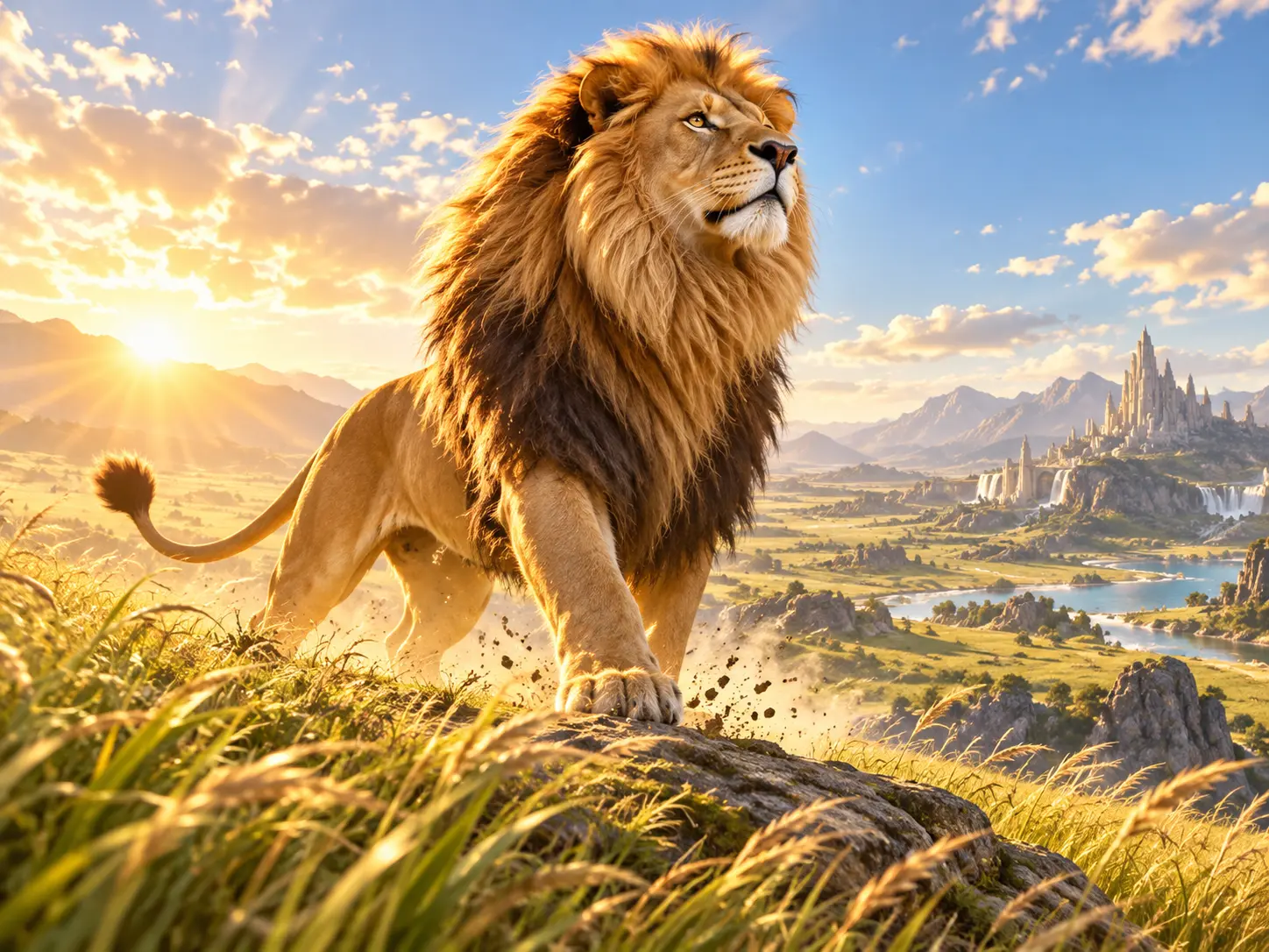 Original lion scene with habitat, lighting, camera angle, music, and sound direction