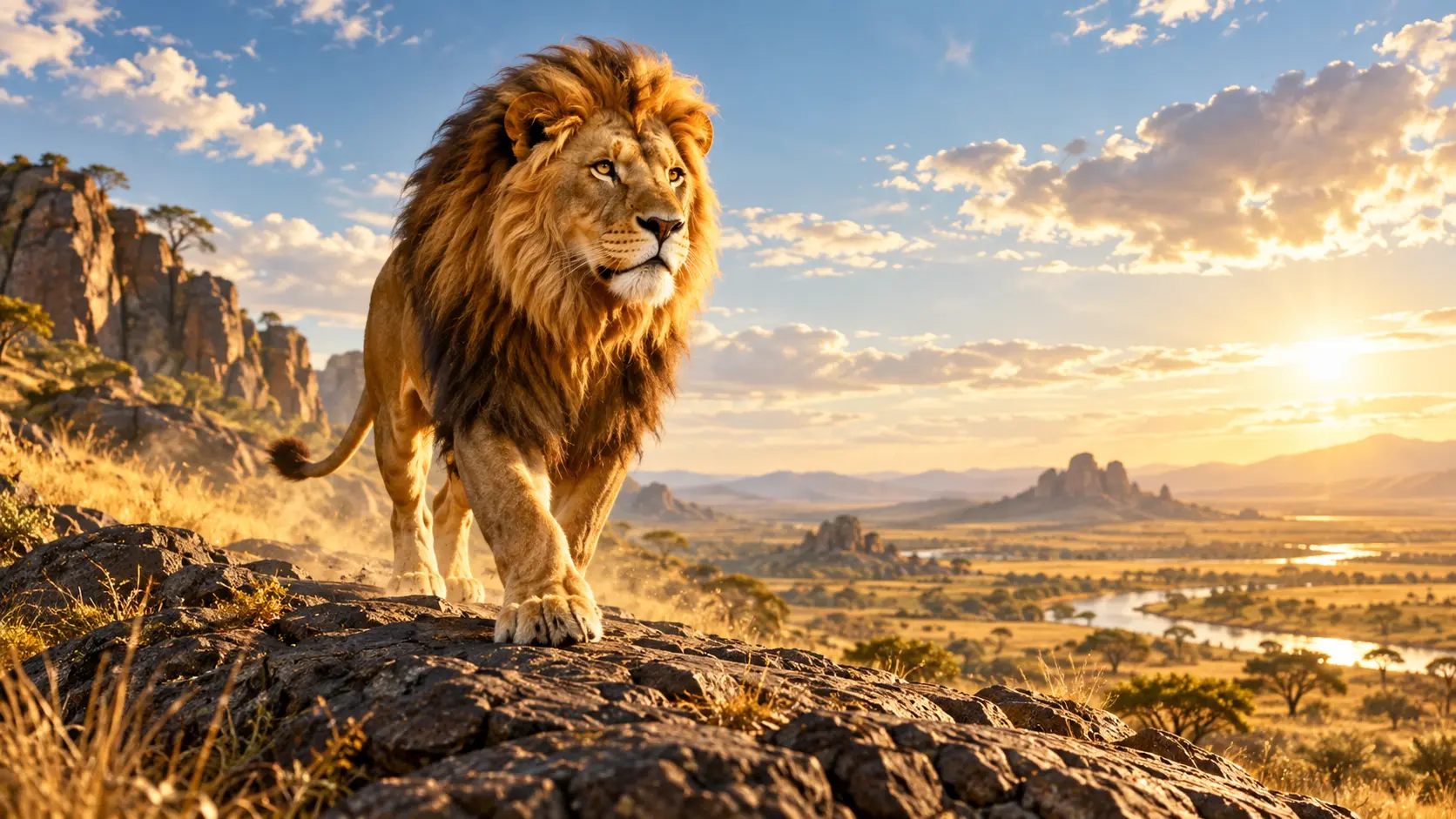 Original lion intro scene with camera direction, title text, Logo, and sound cues