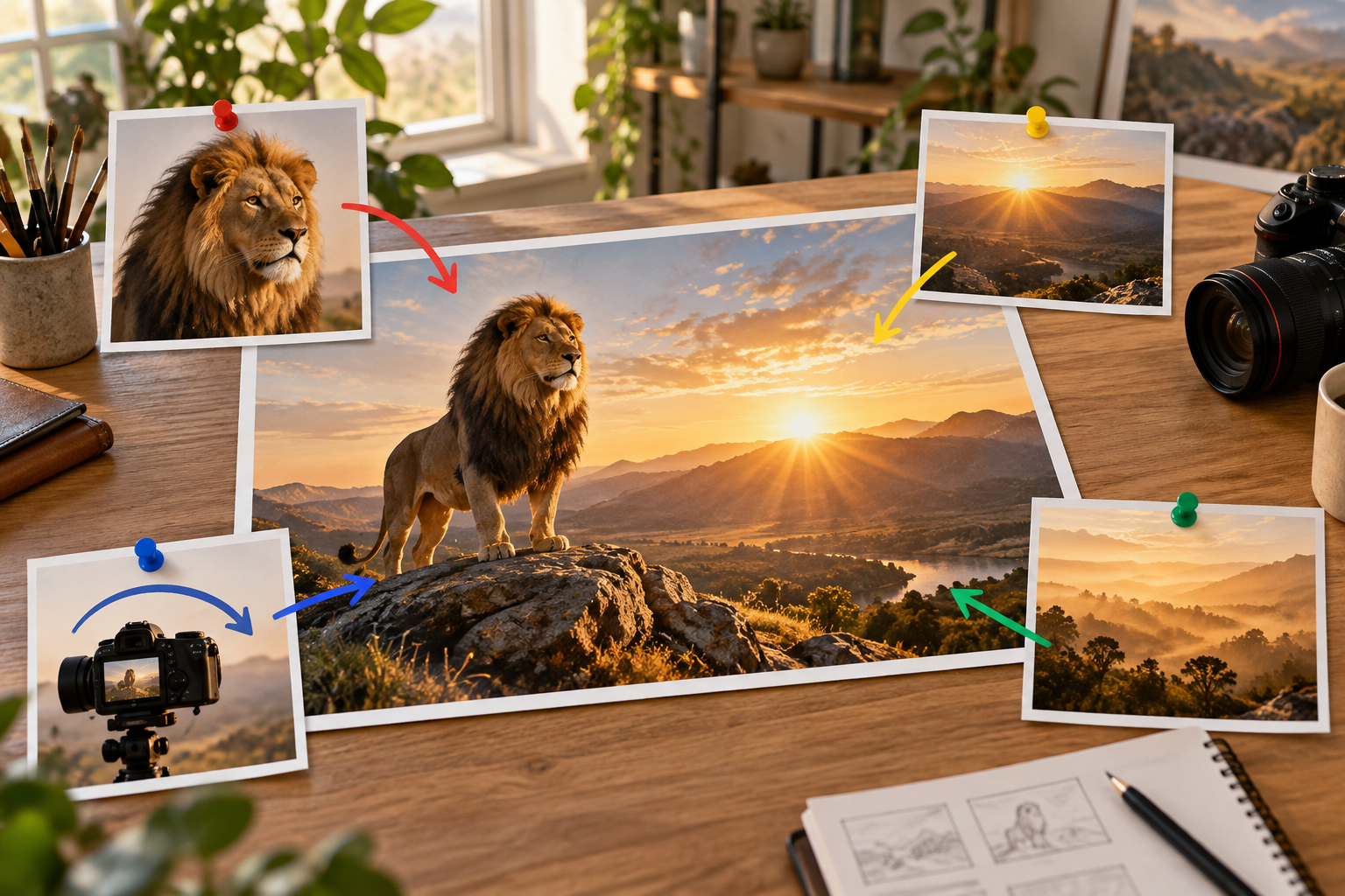 Timed lion intro prompt with aspect ratio, visual style, camera, Logo, and sound notes