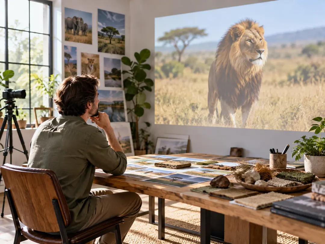 Animal creator planning a lion intro with habitat, title, camera, and atmosphere notes