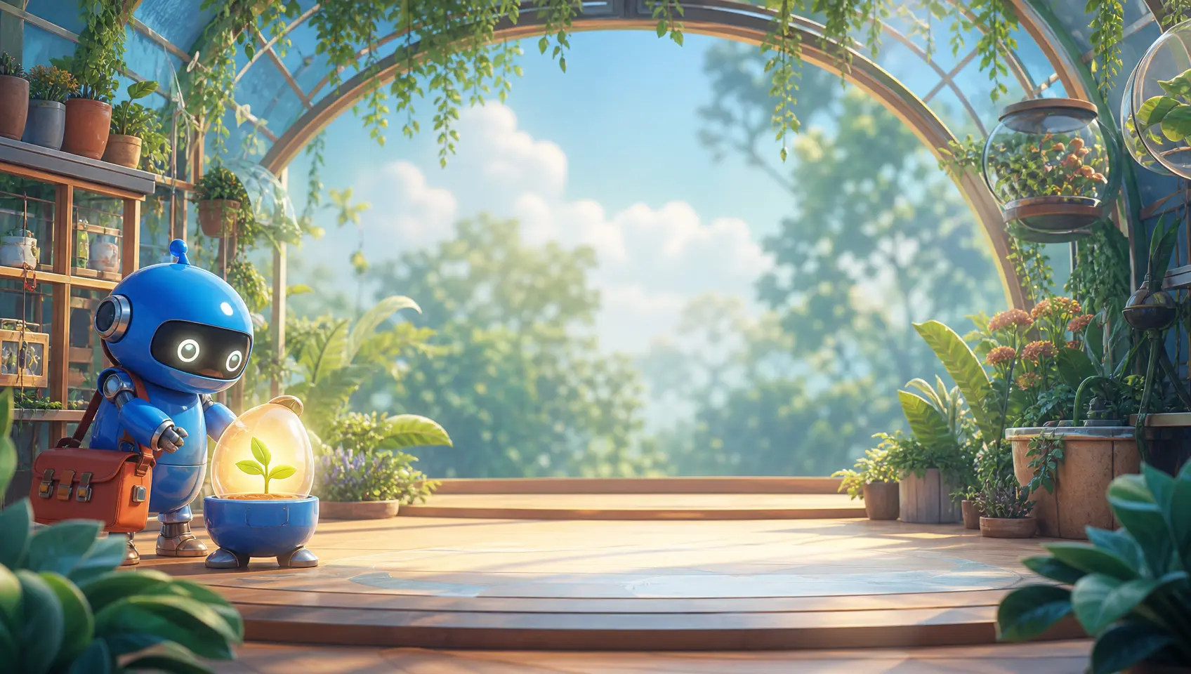 Live 3D AI character video scene with a reference image, motion poses, and a bright rendered setting