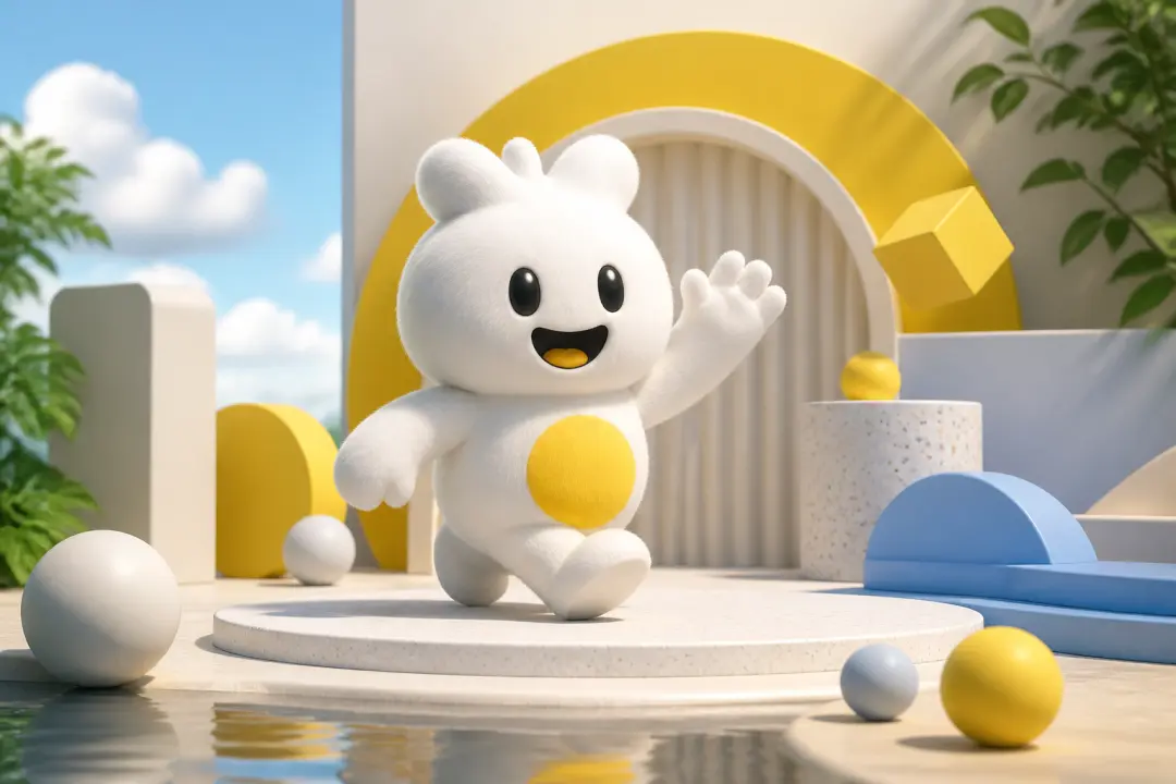 Recognizable 3D mascot character moving through a bright new campaign video setting