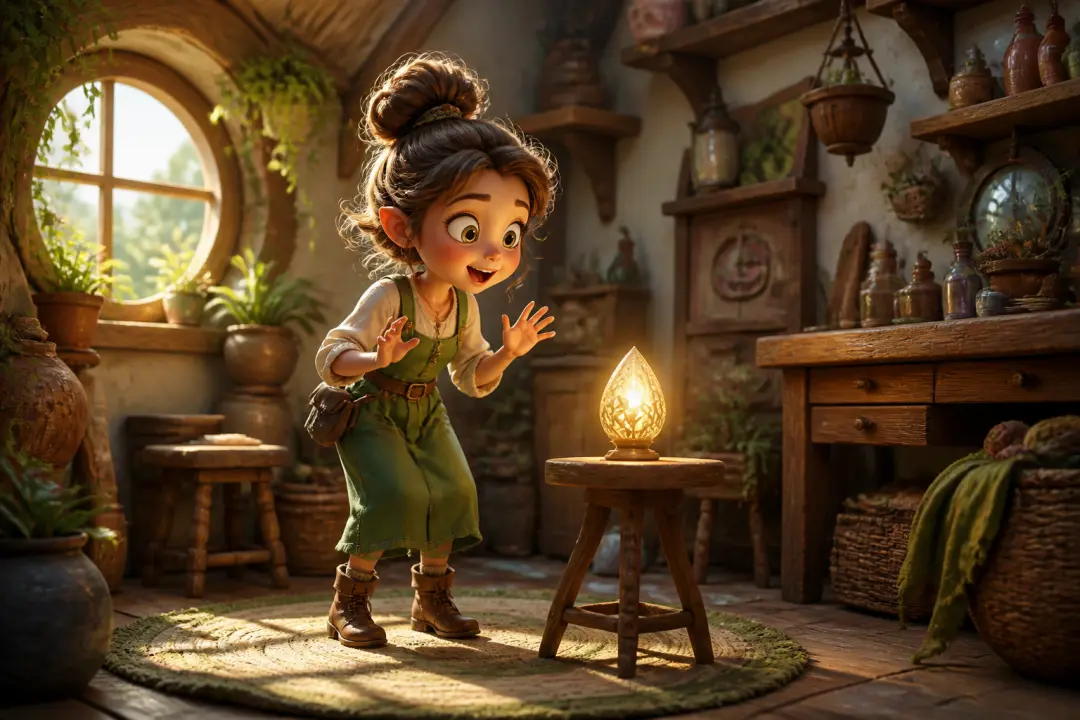 3D character showing a clear surprised reaction in a bright rendered story video frame