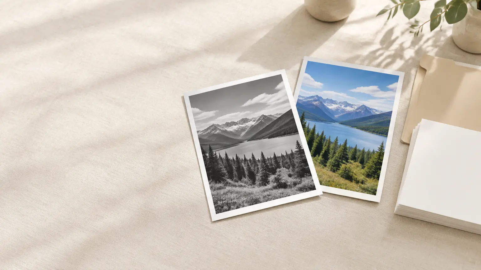 A finished black and white image beside the original colour photo on a bright desk