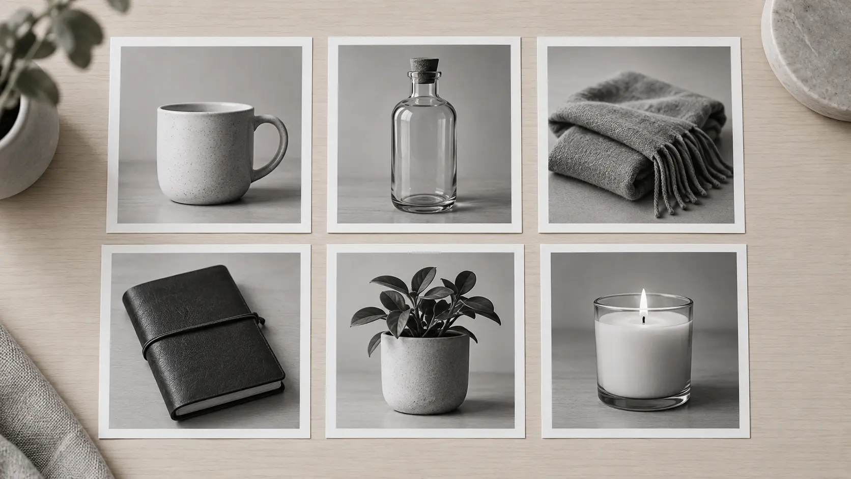 Six product photos lined up as consistent black and white images after one batch conversion