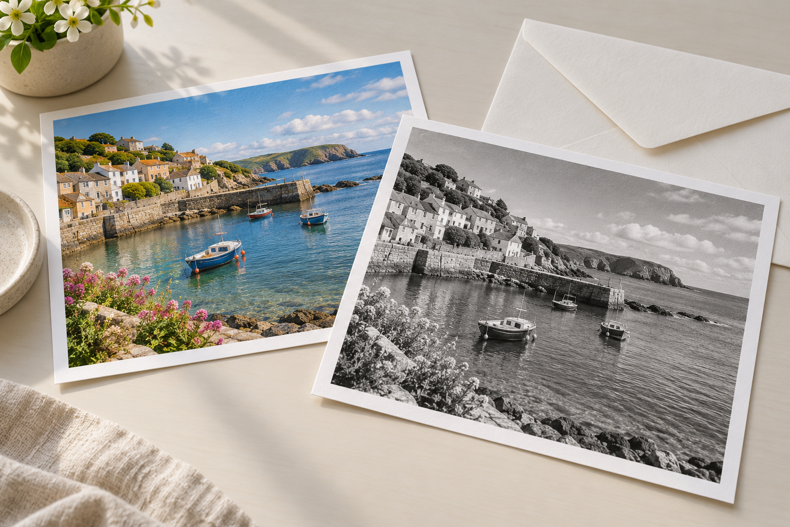 A finished black and white image ready to download beside the original colour file