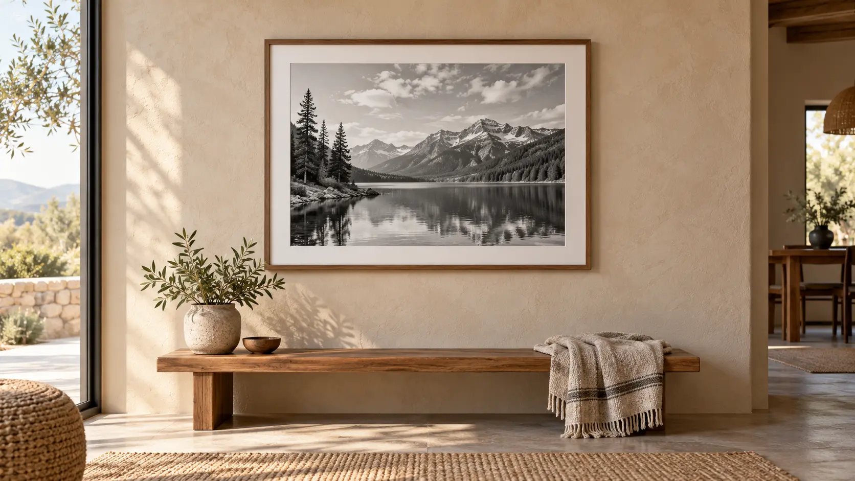 A framed black and white print hanging on a plain wall above a wooden bench