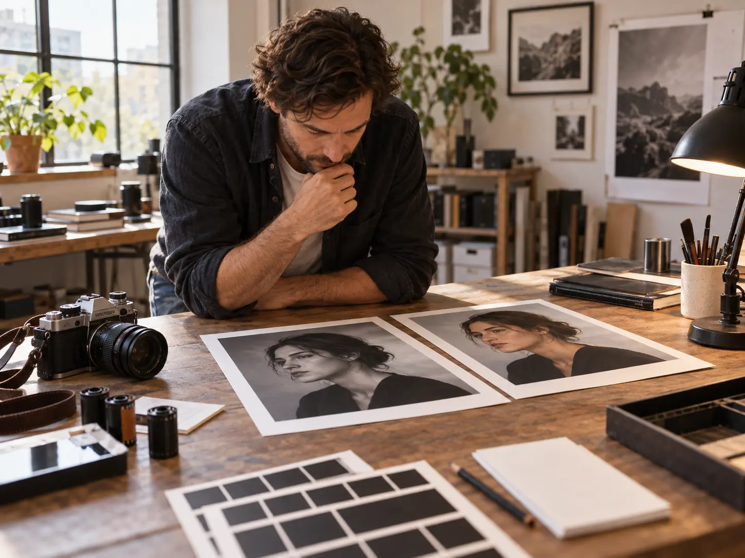 Photographer reviewing a black and white proof on a bright monitor beside a colour original