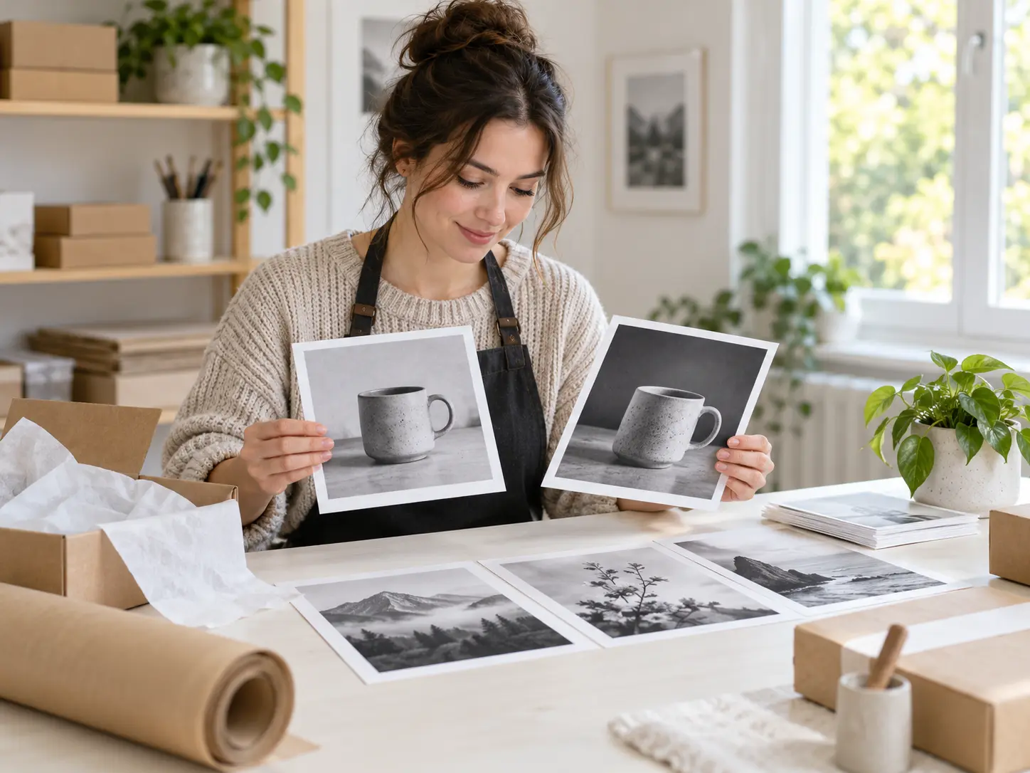 Online seller preparing a tidy set of black and white product photos for a shop